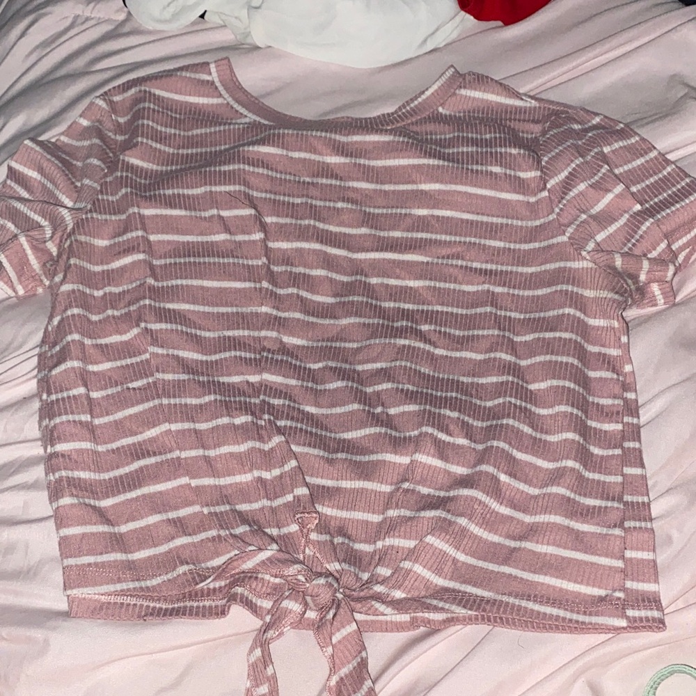 SHEIN Pink and White Striped Tie-Front Tee